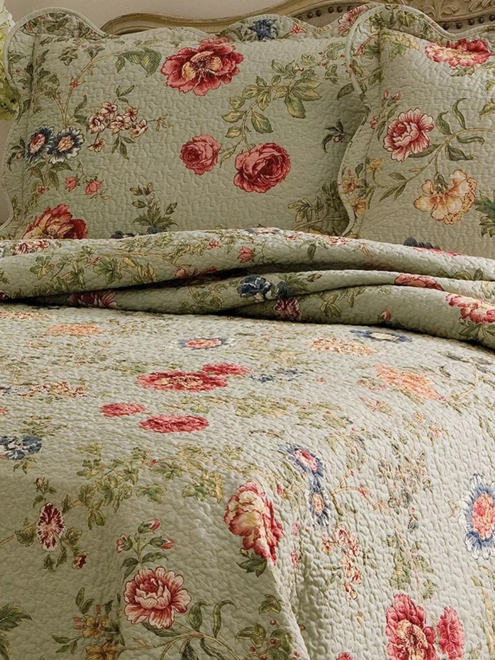 Sage Green Floral Quilted Bedspread - Vintage Garden Style
